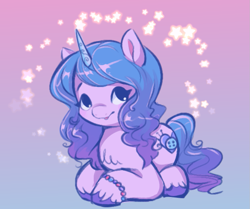 Size: 1001x837 | Tagged: safe, artist:trinkerichi, izzy moonbow, pony, unicorn, g5, my little pony: a new generation, bracelet, cute, female, gradient background, izzybetes, jewelry, looking at you, lying down, prone, smiling, solo, stars, unshorn fetlocks