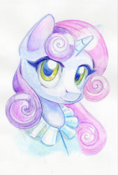 Size: 700x1037 | Tagged: safe, artist:maytee, sweetie belle, pony, unicorn, g4, bust, clothes, colored pencil drawing, cute, diasweetes, portrait, solo, traditional art