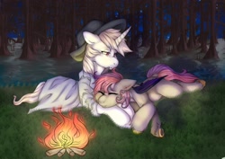 Size: 1754x1240 | Tagged: safe, artist:miphassl, oc, bat pony, pony, unicorn, bat pony oc, bat wings, bonfire, commission, duo, fire, forest, forest background, peace, sleeping, tired, wings
