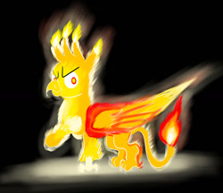 Size: 1280x1106 | Tagged: safe, artist:horsesplease, gallus, griffon, g4, >:), darkness, evil smile, fire, glowing, grin, night, smiling, smirk, solo