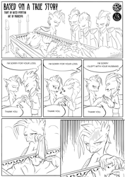 Size: 2480x3508 | Tagged: safe, artist:madgehog, classical hippogriff, hippogriff, casket, coffin, comic, corpse, crying, dead, high res, implied gay, implied infidelity, implied sex, monochrome