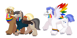 Size: 1280x640 | Tagged: safe, artist:itstechtock, oc, oc only, oc:stoutheart, oc:swift wing, oc:waxing lyrical, bat pony, pegasus, pony, androsexual pride flag, colored wings, gay pride flag, male, mouth hold, multicolored wings, panromantic, pansexual pride flag, pride, pride flag, rainbow wings, simple background, stallion, transparent background, unshorn fetlocks, wings