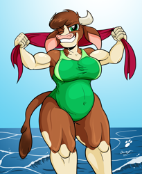 Size: 1591x1942 | Tagged: safe, artist:duragan, arizona (tfh), cow, anthro, them's fightin' herds, beach, belly, breasts, busty arizona, chubby, clothes, community related, extra thicc, fat, female, flirting, musclegut, muscles, muscular female, one eye closed, one-piece swimsuit, pose, solo, stupid sexy arizona, swimsuit, thick, towel, wink