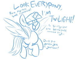 Size: 1877x1514 | Tagged: safe, artist:moonatik, rainbow dash, pony, g4, alternate hairstyle, cardboard, fake alicorn, female, gorilla glue, impersonating, implied twilight sparkle, mare, mocking, monochrome, simple background, sketch, solo, toilet paper roll, toilet paper roll horn, white background