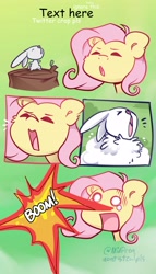 Size: 2343x4096 | Tagged: safe, artist:midnightpremiere, angel bunny, fluttershy, pegasus, pony, rabbit, g4, abuse, angelbuse, animal, animal abuse, cartoon violence, comic, death, duo, explosion, female, fluffy, imminent crying, male, mare, movie reference, reference, shrek, singing, teary eyes, wat
