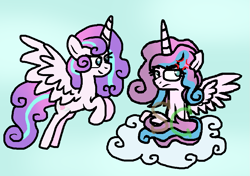 Size: 1037x729 | Tagged: safe, artist:somecoconut, princess flurry heart, alicorn, pony, g4, cloud, cross-popping veins, duality, eyelashes, female, flying, frown, horn, mare, older, older flurry heart, on a cloud, smiling, wings