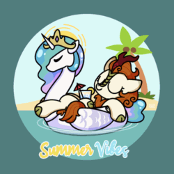 Size: 560x560 | Tagged: safe, artist:sugar morning, autumn blaze, princess celestia, kirin, pony, g4, animated, beach, commission, drink, eyes closed, floaty, gif, inflatable, inflatable toy, palm tree, pool toy, relaxing, smiling, solo, sugar morning's summer vibes, summer, sun, swanlestia, text, tree, ych example, your character here