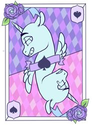Size: 600x814 | Tagged: safe, artist:lavvythejackalope, oc, oc only, alicorn, pony, alicorn oc, bedroom eyes, bust, card, commission, flower, grin, horn, rose, simple background, smiling, transparent background, wings, your character here