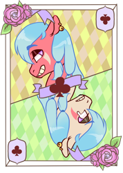 Size: 600x844 | Tagged: safe, artist:lavvythejackalope, oc, oc only, earth pony, pony, bedroom eyes, card, commission, duality, ear piercing, earth pony oc, flower, grin, makeup, piercing, rose, simple background, smiling, transparent background, ych result