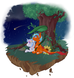 Size: 800x844 | Tagged: safe, artist:lavvythejackalope, oc, oc only, pony, unicorn, commission, duo, floating island, flower, horn, looking up, lying down, night, outdoors, prone, shooting star, simple background, sitting, stars, tattoo, transparent background, tree, unicorn oc, ych result