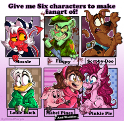 Size: 1398x1370 | Tagged: safe, artist:milledpurple, artist:srtamilled, pinkie pie, bear, bird, demon, dog, duck, earth pony, great dane, human, imp, pig, pony, anthro, g4, anthro with ponies, bored, bust, collar, crossover, curly hair, ducktales, ducktales 2017, ear fluff, evil smile, female, flippy, fliqpy, gravity falls, grin, happy tree friends, hat, hellaverse, hellborn, helluva boss, insanity, knife, louie duck, mabel pines, male, moxxie knolastname, ruh roh, scared, scooby-doo, scooby-doo!, six fanarts, smiling, waddles