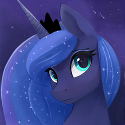 Size: 1024x1024 | Tagged: safe, ai assisted, ai content, artist:catachromatic, generator:thisponydoesnotexist, princess luna, pony, g4, bust, ethereal mane, eyeshadow, female, makeup, mare, night, night sky, paintover, portrait, shooting star, sky, sky background, solo, starry mane