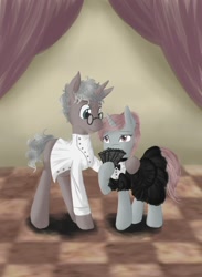 Size: 1100x1500 | Tagged: source needed, useless source url, safe, artist:mingle, oc, oc:ordalia, pony, unicorn, clothes, coat, curtains, duo, fan, female, husband and wife, male, mare, married, stallion, straight