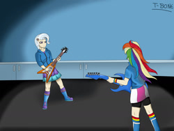 Size: 1280x960 | Tagged: safe, artist:t-bon3thepony, rainbow dash, trixie, equestria girls, g4, guitar centered, my little pony equestria girls: rainbow rocks, duo, female, guitar, musical instrument, room