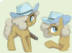 Size: 968x710 | Tagged: safe, artist:plunger, oc, oc only, oc:the mare with no name, earth pony, pony, female, gun, hat, one eye closed, simple background, solo, weapon, white background, wink