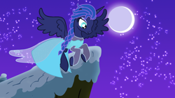 Size: 1920x1080 | Tagged: safe, artist:sirius-writer, princess luna, alicorn, pony, g4, alternate hairstyle, blue dress, clothes, crossover, dress, elsa, female, flying, frozen (movie), mare, moon, mountain, queen lunelsa, solo, winter