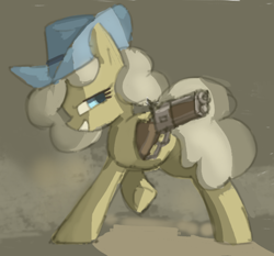 Size: 658x614 | Tagged: safe, artist:plunger, oc, oc only, oc:the mare with no name, earth pony, pony, earth pony oc, female, gun, hat, side view, simple background, smiling, smirk, solo, weapon
