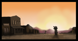 Size: 1176x623 | Tagged: safe, artist:plunger, oc, oc:the mare with no name, earth pony, pony, building, cactus, female, hat, sunset, town, western