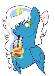 Size: 1023x1407 | Tagged: safe, artist:cchaoticwaters, oc, oc:fleurbelle, alicorn, pony, adorabelle, alicorn oc, bow, bubble tea, chest fluff, cute, drink, drinking, drinking straw, female, hair bow, horn, magic, magic aura, mare, ocbetes, simple background, transparent background, wings, yellow eyes