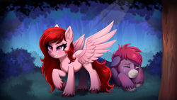 Size: 3840x2160 | Tagged: safe, artist:confetticakez, oc, oc only, oc:cherry showers, earth pony, pegasus, pony, angry, crying, duo, high res, protecting, spread wings, wings
