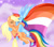 Size: 954x838 | Tagged: safe, artist:tiger-of-my-eye, applejack, rainbow dash, earth pony, pegasus, pony, g4, blushing, female, lesbian, lesbian pride flag, pride, pride flag, pride month, ship:appledash, shipping