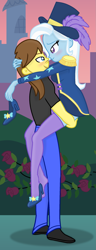 Size: 735x1920 | Tagged: safe, artist:grapefruit-face, trixie, oc, oc:grapefruit face, equestria girls, g4, my little pony equestria girls: better together, street magic with trixie, blushing, canon x oc, clothes, duo, female, garden, grapexie, holding head, imminent kissing, lifting, looking at each other, male, one shoe off, outdoors, shipping, show accurate, socks, stocking feet, stockings, straight, thigh highs