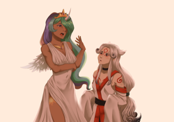 Size: 2048x1444 | Tagged: safe, artist:ghoasthead, princess celestia, human, g4, amaterasu, breasts, busty princess celestia, clothes, crossover, dark skin, dress, duo, female, hair over one eye, height difference, horn, horned humanization, humanized, okami, side slit, simple background, total sideslit, white background, winged humanization, wings