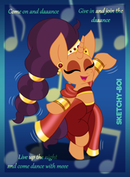 Size: 2800x3800 | Tagged: safe, artist:snakeythingy, saffron masala, pony, g4, belly dancer, belly dancer outfit, dancer, gradient background, high res, it's gonna work, lyrics, music notes, text