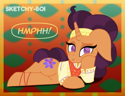 Size: 2600x2000 | Tagged: safe, artist:snakeythingy, saffron masala, pony, g4, dialogue, gradient background, high res, looking at you, lying down, sassy