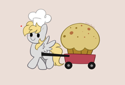 Size: 3597x2467 | Tagged: safe, artist:kittyrosie, derpy hooves, pegasus, pony, g4, blushing, chef's hat, cute, daaaaaaaaaaaw, derpabetes, food, giant food, giant muffin, gray background, hat, high res, kittyrosie is trying to murder us, muffin, simple background, smiling, solo, that pony sure does love muffins, wings