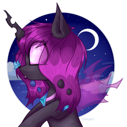 Size: 1177x1173 | Tagged: safe, artist:midnight music, oc, oc:coco (changeling), butterfly, changeling, fangs, moon, purple changeling, simple background, stars, transparent background