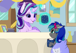 Size: 1204x834 | Tagged: safe, artist:hikariviny, starlight glimmer, oc, oc:summer breeze (pegasus), g4, blanket, cheek fluff, chest fluff, chocolate, drink, ear fluff, empathy cocoa, food, hot chocolate, inkwell, office, quill, starlight's office