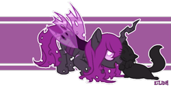 Size: 809x412 | Tagged: safe, artist:eilidh, oc, oc:coco (changeling), cat, changeling, purple changeling, spread wings, wings