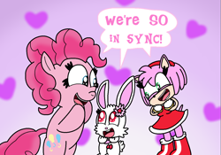 Size: 1276x891 | Tagged: safe, artist:harmonybunny2021, pinkie pie, earth pony, hedgehog, pony, rabbit, g4, amy rose, animal, bipedal, crossover, female, gradient background, heart, jewelpet, looking at each other, mare, ruby (jewelpet), sonic the hedgehog (series), sparkly eyes, wingding eyes