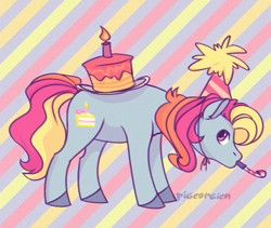 Size: 665x562 | Tagged: source needed, safe, artist:pigeorgien, party cake, earth pony, pony, g3, cake, candle, colored hooves, female, food, hat, mare, noisemaker, party hat, solo