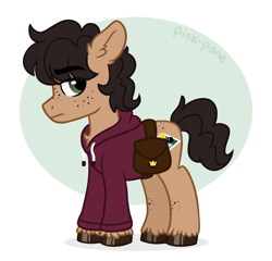 Size: 1000x960 | Tagged: safe, artist:pink-pone, oc, oc only, oc:cinnamon sticks, earth pony, pony, bag, clothes, hoodie, male, saddle bag, solo, stallion