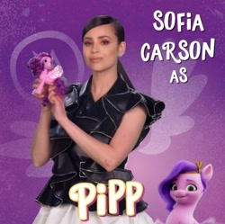 Size: 720x716 | Tagged: safe, pipp petals, human, pegasus, pony, g5, female, irl, irl human, mare, photo, sofia carson, toy, voice actor