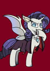 Size: 2480x3508 | Tagged: safe, artist:firefly, rarity, bat pony, pony, unicorn, g4, bat ponified, cape, clothes, fangs, female, high res, mare, race swap, raribat, red background, simple background, solo