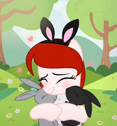 Size: 1997x2144 | Tagged: safe, artist:darbypop1, oc, oc only, oc:scarlet, pony, rabbit, animal, base used, bunny ears, female, hug, mare, solo