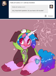 Size: 1280x1742 | Tagged: safe, artist:axollungz, izzy moonbow, pony, unicorn, g5, ask, blushing, clothes, female, gir, hoodie, invader zim, mare, solo, tumblr