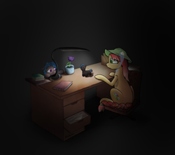 Size: 1629x1438 | Tagged: safe, artist:wevepon3, oc, oc only, earth pony, pegasus, pony, book, chair, flower, lamp, notebook, plushie, sewing needle, table, thread