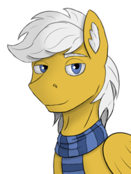 Size: 768x1024 | Tagged: safe, artist:riley vinchers, oc, oc only, oc:breezy brown, pegasus, pony, blue eyes, blue scarf, brown fur, clothes, ear fluff, looking at you, male, pegasus oc, scarf, simple background, smiling, smiling at you, solo, stallion, white background, white hair, white mane