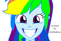 Size: 718x486 | Tagged: safe, artist:tonylixious, rainbow dash, equestria girls, g4, my little pony equestria girls: rainbow rocks, pinkie on the one, bust, eyelashes, female, grin, simple background, smiling, solo, white background