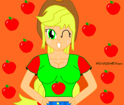 Size: 758x647 | Tagged: safe, artist:tonylixious, applejack, equestria girls, g4, apple, bust, clothes, female, food, grin, hand on hip, hat, one eye closed, orange background, simple background, smiling, solo, wink