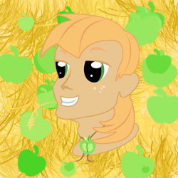 Size: 1919x1919 | Tagged: safe, artist:sarastudly, big macintosh, human, g4, abstract background, bust, freckles, humanized, male, smiling, solo