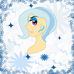 Size: 1920x1920 | Tagged: safe, artist:sarastudly, trixie, human, g4, abstract background, alternative cutie mark placement, bedroom eyes, bust, humanized, smiling, solo
