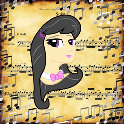 Size: 1440x1440 | Tagged: safe, artist:sarastudly, octavia melody, human, g4, abstract background, bowtie, bust, eyelashes, humanized, lipstick, music notes, smiling, solo
