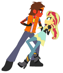 Size: 736x852 | Tagged: safe, artist:robertsonskywa1, idw, sunset shimmer, equestria girls, g4, clothes, crossover, crossover shipping, duo, equestria girls-ified, female, headband, holomatter avatar, hot rod, jacket, male, more than meets the eye, rodimus, shipping, straight, transformers