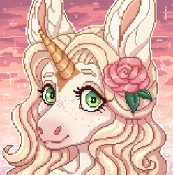 Size: 3243x3267 | Tagged: safe, artist:bluet0ast, oc, oc only, oc:aurora ellery valentine, pony, unicorn, bust, eyelashes, female, flower, flower in hair, freckles, high res, horn, mare, pixel art, smiling, solo, unicorn oc