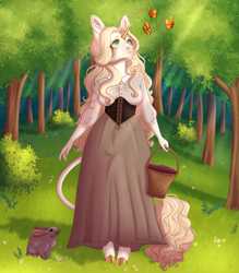 Size: 4200x4800 | Tagged: safe, artist:bluet0ast, oc, oc only, oc:aurora ellery valentine, butterfly, classical unicorn, rabbit, unicorn, anthro, unguligrade anthro, animal, basket, clothes, cloven hooves, horn, leonine tail, looking up, outdoors, smiling, tree, unicorn oc